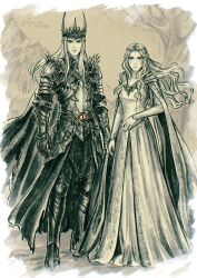  1boy 1girl armor armored_boots black_armor black_cloak boots border breasts cloak commentary crown dated dress elf english_commentary eye_of_sauron full_body galadriel highres kay-i long_dress long_hair medium_breasts muted_color parted_bangs plate_armor pointy_ears rings_of_power sauron shoulder_spikes spikes standing tolkien's_legendarium twitter_username wavy_hair white_border white_cloak white_dress 