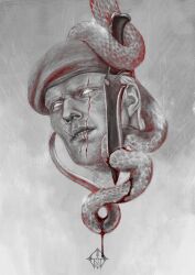  1boy coiled combat_knife commentary empty_eyes furrowed_brow grin gvgraven1 hat head_tilt highres jack_krauser knife looking_to_the_side male_focus parted_lips portrait resident_evil resident_evil_5 scar scar_across_eye scar_on_face scar_on_mouth smile snake solo weapon 