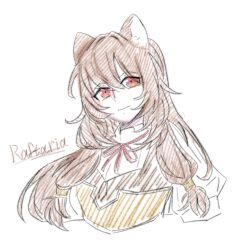  1girl animal_ear_fluff animal_ears armor breastplate brown_armor brown_hair character_name commentary cropped_torso dress hair_between_eyes hair_tubes highres long_hair looking_at_viewer messy_hair metal_hair_tubes neck_ribbon raccoon_ears raccoon_girl raphtalia red_eyes red_ribbon ribbon simple_background sketch smile solo tate_no_yuusha_no_nariagari upper_body user_fvgg4388 white_background white_dress 
