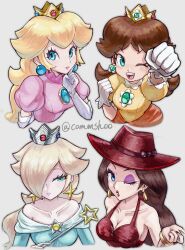  4girls aqua_dress blonde_hair blue_eyes brooch brown_hair collarbone commshoo crown dress earrings elbow_gloves eyeshadow flower_earrings gloves hair_over_one_eye hat highres jewelry long_hair makeup mini_crown multiple_girls off-shoulder_dress off_shoulder one_eye_closed pauline_(nintendo) pink_dress princess_daisy princess_peach red_dress red_hat rosalina sphere_earrings star_(symbol) star_earrings super_mario_bros. white_gloves yellow_dress 