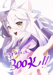  1girl ahoge animal_ears cat_ears congratulations grey_hair hair_between_eyes hair_ornament hairpin henya_the_genius henya_the_genius_(school_uniform) highres indie_virtual_youtuber kurumahu_01 long_bangs long_hair looking_at_viewer open_mouth purple_sailor_collar sailor_collar shirt smile solo teeth upper_teeth_only very_long_hair virtual_youtuber white_shirt yellow_eyes 