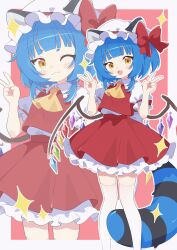  1girl :3 ;3 animal_ears ascot between_legs blue_hair blush blush_stickers bow chromashift closed_mouth commentary commission cosplay cowboy_shot double_v english_commentary eyelashes flandre_scarlet flandre_scarlet_(cosplay) hat highres masakamea one_eye_closed open_mouth outline poko_rakun puffy_short_sleeves puffy_sleeves raccoon_ears raccoon_girl raccoon_tail red_bow red_skirt red_vest second-party_source shirt short_hair short_sleeves skirt smile solo sparkle tail tail_between_legs touhou v vest virtual_youtuber white_hat white_outline white_shirt wings yellow_ascot yellow_eyes zoom_layer 