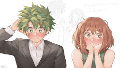  1boy 1girl absurdres arm_behind_head bilingual_commentary black_jacket blush boku_no_hero_academia bright_pupils brown_eyes brown_hair closed_mouth collared_shirt commentary_request dress_shirt english_commentary flustered freckles green_eyes green_hair green_shirt hands_on_own_chest highres jacket looking_to_the_side midoriya_izuku mixed-language_commentary scar scar_on_hand school_uniform shirt short_hair sideways_glance signature sleeveless sleeveless_shirt spiky_hair suit_jacket thick_eyebrows translation_request upper_body uraraka_ochaco wavy_mouth white_pupils white_shirt yanmyhony 