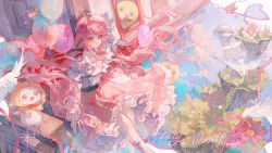  1girl absurdres animal balloon belt bilingual_commentary bird black_belt black_bow black_ribbon blue_sky bow bow_choker bowtie brown_eyes cat choker cloak clothed_animal clouds commentary copyright_name daisy_(flower) day dove ear_covers english_commentary feet_out_of_frame fingernails floating_clothes floating_hair floating_island flower frilled_shirt frilled_skirt frilled_sleeves frills hair_bow hair_ribbon hand_on_own_head heart_balloon highres hood hood_up hooded_cloak infinity_nikki kneehighs knees layered_skirt light_particles long_hair long_sleeves looking_ahead low_twintails maccha_(mochancc) medium_skirt mixed-language_commentary momo_(nikki) nikki_(nikki) nikki_(series) off-shoulder_shirt off_shoulder open_mouth outdoors perfect_start_(infinity_nikki) piecey pink_bow pink_bowtie pink_choker pink_flower pink_hair pink_skirt postage_stamp purple_flower railroad_tracks red_bow red_bowtie ribbon shirt single_stripe skirt sky snowflake_print socks sparkle striped_bow striped_bowtie striped_choker striped_clothes train tress_ribbon twintails very_long_hair white_cat white_shirt white_skirt white_socks wind yellow_cloak 