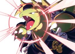  black_eyes black_hat black_kimono claws clothed_pokemon fangs hat japanese_clothes kimono korosliszt looking_at_viewer no_humans open_mouth poke_ball pokemon pokemon_(creature) pokemon_focus pokemon_unite roaring rope_belt simple_background solo tyranitar tyranitar_(pokebuki) upper_body white_background yellow_rope 