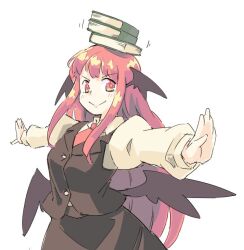  >:) 1girl arnest balancing bat_wings black_skirt black_vest black_wings book book_on_head book_stack breasts buttons collared_shirt commentary_request cowboy_shot dress_shirt from_side head_wings juliet_sleeves koakuma long_hair long_sleeves looking_at_viewer low_wings medium_breasts midriff_peek necktie object_on_head one-hour_drawing_challenge outstretched_arms puffy_sleeves red_eyes red_hair red_necktie shirt sidelocks simple_background skirt skirt_set solo split_mouth spread_arms t-pose touhou v-shaped_eyebrows very_long_hair vest white_background white_shirt wings 