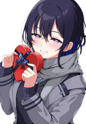  1girl black_hair black_sweater blazer blue_streaks blush box commentary_request eqbal_lynx gift gift_box grey_jacket grey_necktie grey_scarf grin hair_between_eyes heart-shaped_box highres holding holding_box holding_gift houndstooth ichinose_uruha ichinose_uruha_(6th_costume) jacket long_sleeves looking_at_viewer multicolored_hair necktie open_clothes open_jacket pink_nails print_necktie scarf school_uniform simple_background smile solo streaked_hair sweater upper_body valentine violet_eyes virtual_youtuber vspo! white_background 