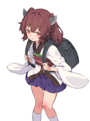  1girl backpack bag blush brown_hair commentary_request flat_chest highres japanese_clothes kimono looking_at_viewer medium_hair miniskirt open_mouth orange_eyes randoseru short_kimono simple_background skirt solo touhoku_kiritan twintails voiceroid white_background yamamomo_(plank) 