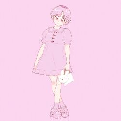  1girl animal_bag bag closed_mouth commentary_request dot_mouth dress full_body hairband highres holding holding_bag partially_colored pink_background pink_dress pink_eyes pink_hair pink_lips pink_shoes pink_socks puffy_short_sleeves puffy_sleeves punch121ykk purple_hairband ranma_1/2 shoes short_hair short_sleeves socks solo tendou_akane 