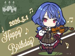  1girl absurdres artist_name assault_lily beamed_eighth_notes birthday_cake black_cloak black_shirt black_vest blue_hair blush bow_(music) brown_background brown_gloves brown_leg_warmers brown_skirt brown_thighhighs buttons cake chibi chibi_only cloak closed_mouth collared_shirt commentary floral_background food frilled_skirt frills full_body garter_straps gloves green_background green_necktie hair_ornament hands_up happy_birthday highres holding holding_bow_(music) holding_instrument holding_violin hotaru_(ultraroly_poly) instrument iwaya_kukuri leaf_hair_ornament leg_warmers long_hair long_sleeves looking_at_viewer low_ponytail miniskirt musical_note necktie playing_instrument playing_violin ponytail quarter_note red_cloak red_eyes school_uniform shirt short_ponytail skirt smile solo standing thigh-highs two-sided_cloak two-sided_fabric two-tone_background vest violin white_shirt 