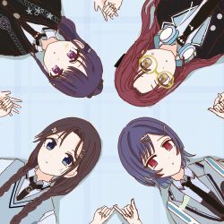  4girls absurdres bespectacled black_hair black_jacket black_necktie blue_background blue_eyes blue_hair blue_skirt braid collared_shirt commentary_request fukumaru_koito glasses headphones headphones_around_neck highres idolmaster idolmaster_shiny_colors jacket mitsumine_yuika morino_rinze multiple_girls multiple_hair_clips necktie official_alternate_costume osaki_amana parted_bangs pentagon_(penkoma_kabosu) pinky_out red_eyes red_hair shirt short_hair skirt twin_braids yellow_eyes 