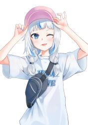  1girl absurdres adjusting_clothes adjusting_headwear alternate_costume bag baseball_cap blue_eyes blue_hair blue_nails blunt_bangs blush braid commentary copyright_name english_commentary gawr_gura hair_over_shoulder hat highres hololive hololive_english long_hair looking_at_viewer low_twin_braids multicolored_hair nail_polish one_eye_closed pink_hat print_shirt shirt short_sleeves shoulder_bag sidelocks simple_background solo streaked_hair t-shirt tongue tongue_out twin_braids ugaaaa1 upper_body virtual_youtuber white_background white_shirt 