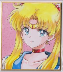  1girl bishoujo_senshi_sailor_moon blonde_hair blue_eyes blue_sailor_collar chikoto_(kztc4472) choker circlet closed_mouth collarbone commentary crescent crescent_choker crescent_earrings dotted_background double_bun earrings gem gold_circlet hair_bun hair_ornament highres jewelry lone_nape_hair long_hair looking_at_viewer magical_girl parted_bangs photo_(medium) picture_frame pink_background portrait red_choker red_gem sailor_collar sailor_moon sailor_senshi_uniform smile solo traditional_media tsukino_usagi twintails 