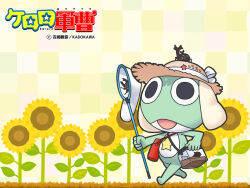  1boy alien beetle black_eyes bottle bug bug_cage butterfly_net colored_skin copyright_name flower frog full_body green_skin hand_net hat keroro keroro_gunsou no_humans official_art official_wallpaper simple_background star_(symbol) sunflower walking water_bottle yoshizaki_mine 