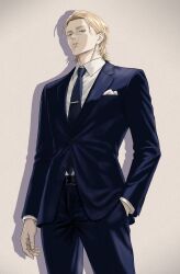  1boy alternate_costume alternate_hairstyle badeni belt black_belt black_necktie black_pants black_suit blonde_hair blue_eyes chi.:_chikyuu_no_undou_ni_tsuite closed_mouth commentary_request contemporary dress_shirt hand_in_pocket highres jacket male_focus medium_hair necktie pants scar scar_on_face scar_on_mouth scar_on_nose shirt solo suit suit_jacket white_shirt yodaka_orb 