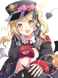  1boy 1girl :d animal_bag black_coat black_hat black_tail black_wings blonde_hair blue_archive blush bow coat collarbone collared_shirt commentary_request demon_girl demon_tail demon_wings halo hat hat_bow headpat highres ibuki_(blue_archive) mikoshi_(user_wvyd4348) neck_ribbon open_mouth peaked_cap pink_bow red_ribbon ribbon sensei_(blue_archive) shirt side_ponytail simple_background sleeves_past_wrists smile solo_focus tail white_background white_shirt wings yellow_eyes yellow_halo 