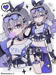  1girl :< badge belt black_gloves black_jacket black_shorts blowing_bubble_gum blue_hair bright_pupils button_badge chewing_gum collarbone commentary cropped_jacket cropped_legs cropped_torso crossed_bangs drill_hair drill_ponytail fingerless_gloves fishnets four-pointed_star fur-trimmed_jacket fur_trim garter_straps gloves goggles goggles_on_head gradient_hair grey_eyes grey_hair hand_up heart highres honkai:_star_rail honkai_(series) jacket looking_at_viewer midriff multicolored_hair multiple_views navel notice_lines omuyan open_clothes open_jacket pixel_heart shorts silver_wolf_(honkai:_star_rail) sparkle sparkling_aura speech_bubble spoken_heart sports_bra thigh_strap twitter_username white_belt white_pupils 