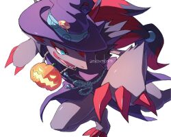  1other aqua_eyes black_fur black_hair candy claws clothed_pokemon coat food full_body furry grey_fur hair_ornament hat jack-o'-lantern korosliszt lollipop long_hair neck_fur open_mouth other_focus pokemon pokemon_(creature) pokemon_unite purple_coat purple_hat red_hair rope_belt sharp_teeth simple_background snout solo standing teeth two-tone_fur white_background witch_hat zoroark zoroark_(costume_party) 