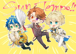  3boys :d ahoge aqua_eyes astel_leda astel_leda_(old_design) black_boots black_pants black_shoes blonde_hair blonde_streaks blue_hair blue_necktie blush boots brown_vest buttons chibi chibi_only coat collared_shirt commentary_request double-breasted english_text fang gold_trim green_eyes grey_shirt group_name hand_fan harisen heterochromia holding holding_fan holding_sword holding_tambourine holding_weapon holostars instrument kishido_temma kishido_temma_(1st_costume) male_focus minakami_hiro mole mole_under_eye motion_blur multicolored_hair multiple_boys necktie open_mouth orange_coat orange_eyes orange_hair pants red_necktie shirt shoes sleeves_rolled_up smile streaked_hair suntempo sword tailcoat tambourine tareme thigh_boots vest violet_eyes virtual_youtuber waistcoat weapon white_coat white_pants yellow_background yukoku_roberu yukoku_roberu_(1st_costume) 