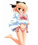  :d barefoot blonde_hair bow bow_bra bow_panties bra copyright_request erect_nipples feet front-tie_top hair_bow hair_ornament hair_ribbon hairclip heart heart_print highres lingerie mikagami_mamizu navel open_clothes open_mouth open_shirt panties pink_bra pink_panties print_bra print_panties red_eyes ribbon shirt short_hair side-tie_panties smile solo underwear 