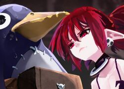  1girl 1other 4rdilla absurdres artist_name bag bird black_bra black_choker blurry blurry_background bra bra_strap brown_bag choker close-up closed_mouth commentary dark demon_girl disgaea droopy_ears earrings english_commentary etna_(disgaea) eyelashes fanny_pack flat_chest from_below frown furrowed_brow hair_between_eyes highres jewelry looking_at_another nervous_sweating o-ring o-ring_choker painterly penguin pointy_ears prinny red_eyes red_hair sketch skull_earrings slit_pupils sweat twintails unamused underwear very_sweaty 