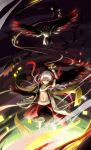  bird crow expressionless highres light long_hair midriff navel pixiv_fantasia pixiv_fantasia_5 pointing red_eyes shomon solo white_hair wind wings 