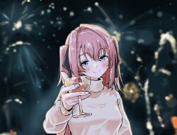  1girl alcohol black_ribbon blue_eyes blush closed_mouth drink fox_(tjwls66) hair_intakes hair_ribbon highres holding holding_drink kamiina_botan kamiina_botan_yoeru_sugata_wa_yuri_no_hana looking_at_viewer pink_hair ribbon scene_reference smile solo sweater the_great_gatsby toasting_(gesture) turtleneck turtleneck_sweater two_side_up upper_body white_sweater 