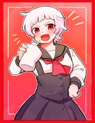  1girl :d blush border breasts brown_sailor_collar brown_skirt brown_trim choppy_bangs collared_shirt commentary cowboy_shot dress_shirt drinking dripping flask god_nadeko gradient_background hand_on_own_hip high-waist_skirt highres holding holding_flask koimonogatari kuchinawa long_sleeves looking_at_viewer mapa_(wqgrkt_krbko) monogatari_(series) nanahyakuichi_middle_school_uniform neckerchief notice_lines open_mouth outline red_background red_border red_eyes red_neckerchief sailor_collar school_uniform sengoku_nadeko serafuku shirt short_hair skirt small_breasts smile snake_print solo standing suspender_skirt suspenders v-shaped_eyebrows white_border white_hair white_outline white_shirt 
