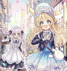  5girls :d ahoge animal_bag animal_ear_fluff animal_ears apron bag balloon basket black_dress black_jacket blonde_hair blue_bow blue_hat blue_skirt blush bonnet bow braid clouds collared_dress commentary_request day double_bun dress frilled_dress frilled_skirt frills grey_eyes grey_hair hair_bun hat highres holding holding_basket jacket long_hair maid maid_apron maid_headdress multiple_girls original outdoors pink_hair pleated_skirt rabbit_ears sakura_oriko shirt shoulder_bag skirt sky smile star_(symbol) twintails very_long_hair white_apron white_shirt 