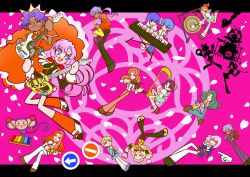  6+boys 6+girls arisugawa_juri blonde_hair blue_eyes bow_(music) brown_hair chida_mamiya chu_chu_(shoujo_kakumei_utena) commentary_request dark-skinned_female dark_skin dress electric_guitar flute gong green_hair guiro guitar harp highres himemiya_anthy holding holding_flute holding_guitar holding_instrument holding_saxophone instrument kaoru_kozue kaoru_miki keyboard_(instrument) kiryuu_nanami mikage_souji monaka_moko multiple_boys multiple_girls ootori_akio ootori_gakuen_school_uniform orange_hair pink_background pink_hair playing_instrument purple_hair recorder red_dress red_hair saionji_kyouichi saxophone school_uniform shinohara_wakaba shoujo_kakumei_utena takatsuki_shiori tenjou_utena toy_xylophone tsuwabuki_mitsuru ukulele violin 