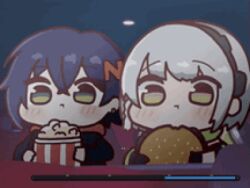  anby_demara animated_gif belle_(zenless_zone_zero) burger chewing eating hamburger multiple_girls popcorn short_hair zenless_zone_zero 