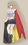  :3 alternate_hairstyle axis_powers_hetalia belgium_(hetalia) blonde_hair boots bracelet breasts cleavage crystal_maiden flag garter_straps green_eyes hairband highres jewelry midriff miniskirt ponytail skirt solo thigh-highs thighhighs 