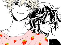  2boys commentary_request expressionless food_print fruit_print koide_natsuno looking_at_viewer male_focus morisu-bh multiple_boys mutou_tooru pink_shirt print_shirt shiki_(novel) shirt short_hair simple_background smile strawberry_print white_background 