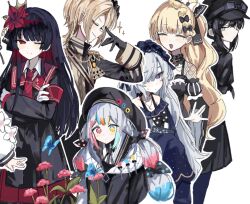  6+girls :d armband black_bow black_dress black_gloves black_hair black_hat black_jacket black_shirt blonde_hair blue_butterfly blue_hairband bow bug butterfly closed_eyes closed_mouth commentary_request crossed_arms dress flower frilled_dress frills gloves goggles goggles_on_headwear gothic_lolita grey_eyes hair_bow hair_flower hair_ornament hair_over_one_eye hairband hasumi_leia hat jacket jogasaki_noah kurobe_nanoka lolita_fashion lolita_hairband long_hair long_sleeves looking_at_viewer looking_down mahou_shoujo_no_majo_saiban multicolored_hair multiple_girls natsume_an-an necktie nikaido_hiro one_eye_closed open_mouth paintbrush polka_dot polka_dot_bow profile red_armband red_eyes red_flower red_necktie rotroto saeki_miria sakuraba_ema shirt short_hair sleeves_past_fingers sleeves_past_wrists smile sparkle standing twintails very_long_hair violet_eyes white_background white_gloves white_hair 