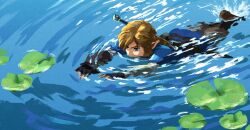  1boy black_gloves blonde_hair blue_eyes blue_shirt boots brown_boots day fingerless_gloves gloves highres layered_sleeves lily_pad link long_sleeves looking_afar male_focus official_art outdoors partially_submerged pointy_ears ripples shirt short_over_long_sleeves short_sleeves sidelocks solo swimming sword sword_on_back takumi_wada the_legend_of_zelda the_legend_of_zelda:_breath_of_the_wild third-party_source water weapon weapon_on_back 