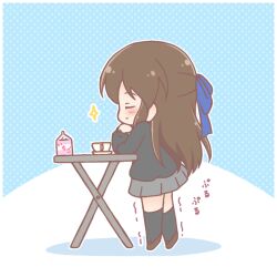  1girl black_cardigan black_socks blue_background blue_bow blush bow brown_hair brown_shoes cardigan closed_eyes closed_mouth colored_shadow commentary_request cup folding_table from_side grey_skirt hair_bow idolmaster idolmaster_cinderella_girls kneehighs loafers long_hair long_sleeves mitarashi_neko pleated_skirt polka_dot polka_dot_background profile puffy_long_sleeves puffy_sleeves saucer school_uniform shadow shoes skirt socks solo sparkle table tachibana_arisu tiptoes trembling two-tone_background very_long_hair white_background 