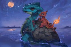  blue_eyes brown_eyes charmeleon fire flame-tipped_tail full_moon lapras moon night no_humans outdoors pokemon pokemon_(creature) realistic red_eyes ripples signature sixthleafclover star_(sky) swimming tail totodile 