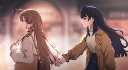  2girls absurdres ahoge black_choker black_hair blue_eyes blue_hair blue_pants brown_coat brown_hair choker closed_eyes closed_mouth coat colored_inner_hair denim hair_intakes high-waist_pants highres holding_hands hololive hololive_english jeans long_hair multicolored_hair multiple_girls nanashi_mumei nanashi_mumei_(casual) official_alternate_costume official_alternate_hairstyle ouro_kronii ouro_kronii_(casual) pants saltdcrmell sweater sweater_tucked_in trench_coat virtual_youtuber white_sweater 