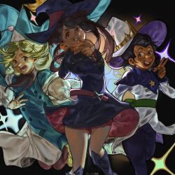  3girls belt blonde_hair brown_hair coco_(tongari_boushi_no_atelier) crossover dark-skinned_female dark_skin hat highres jinixzz kagari_atsuko little_witch_academia loose_belt luz_noceda multiple_crossover multiple_girls open_mouth pointing pointing_at_viewer smile the_owl_house tongari_boushi_no_atelier trait_connection v witch witch_hat 
