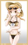  1girl adjusting_glasses bare_shoulders bikini blonde_hair bow breasts cleavage cute drill_hair flower glasses hair_flower hair_ornament hat hobunsha mahou_shoujo_madoka_magica midriff moe sexy shaft_(studio) side-tie_bikini smile solo sunglasses swimsuit tomoe_mami variangel yellow_eyes 