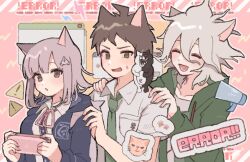  1girl 2boys brown_hair cat_boy cat_girl cat_tail commentary_request danganronpa_(series) danganronpa_2:_goodbye_despair green_eyes handheld_game_console hinata_hajime komaeda_nagito megaphone monokuma multiple_boys nanami_chiaki naruse_(0shi_39) pink_eyes pink_hair sign tail warning_sign white_hair 