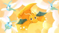  antennae bird brown_eyes chinese_commentary claws clouds commentary_request dragon dragonite flying highres no_humans pokemon pokemon_(creature) pokemon_focus ririko_(nagareboshi) sky smile swablu wings yellow_sky 