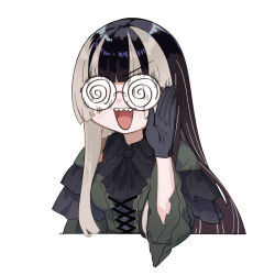  1girl @_@ ascot black_ascot black_dress black_gloves black_hair blunt_bangs blush chibi coke-bottle_glasses commentary cross-laced_clothes cross-laced_dress dress frilled_dress frills glasses gloves gothic_lolita green_dress grey_hair hand_up hime_cut hololive hololive_dev_is juufuutei_raden juufuutei_raden_(1st_costume) lolita_fashion long_hair multicolored_hair murechika opaque_glasses open_hand open_mouth sharp_teeth simple_background solo straight_hair teeth two-tone_dress two-tone_hair upper_body upper_teeth_only v-shaped_eyebrows virtual_youtuber white_background 