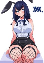  1girl animal_ears bare_shoulders black_hair black_shorts blue_eyes blush bow bowtie breasts closed_mouth collared_shirt commentary_request fake_animal_ears fishnet_thighhighs fishnets freedom_xdrive gridman_universe high-waist_shorts highres large_breasts long_hair looking_at_viewer official_alternate_costume rabbit_ears shirt short_shorts shorts simple_background sitting sleeveless solo ssss.gridman takarada_rikka thigh-highs thighs white_shirt wing_collar 