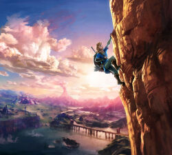  1boy arm_up arrow_(projectile) aura blonde_hair blue_eyes blue_sky blue_tunic boots bridge brown_boots castle cliff climbing closed_mouth clouds dark_aura day from_side gradient_sky hand_up highres image_sample knee_boots layered_sleeves leg_up link long_sleeves looking_up male_focus mountainous_horizon no_lineart official_art orange_sky outdoors outstretched_arm pants pointy_ears ponytail quiver river sheikah_tower shield shield_on_back short_hair short_over_long_sleeves short_sleeves sidelocks single_vambrace sky smoke solo sunrise sword takumi_wada the_legend_of_zelda the_legend_of_zelda:_breath_of_the_wild third-party_source tunic undershirt vambraces very_wide_shot volcano weapon weapon_on_back white_pants 