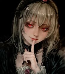  1girl black_background black_dress black_headdress black_ribbon detached_collar dress eyeliner faux_traditional_media finger_to_mouth frilled_dress frilled_shirt_collar frills goth_fashion gothic_lolita hair_ribbon impasto jun89190 light_smile lips lolita_fashion makeup nose painterly red_eyes red_ribbon ribbon rozen_maiden solo suigintou tsurime upper_body white_hair 