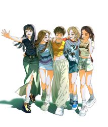  5girls animification black_hair blonde_hair blue_shoes blue_skirt breasts brown_eyes brown_hair cho_mi-yeon collared_shirt commentary_request denim denim_skirt english_commentary everyone green_shirt green_skirt hair_behind_ear hair_ornament hairclip half-closed_eyes highres holding_own_hair i-dle k-pop kim_jangjong long_hair looking_down looking_to_the_side midriff midriff_peek minnie_nicha_yontararak multiple_girls navel open_mouth pants parted_lips plaid_clothes plaid_shirt real_life shadow shirt shoes short_hair skirt small_breasts smile socks song_yu_qi soyeon striped_clothes striped_shirt sweatpants white_pants white_shirt white_shoes white_socks yeh_shuhua yellow_shirt yellow_shoes 