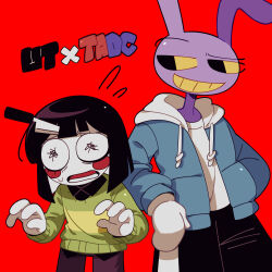 1boy 1girl absurdres alternate_hair_color animal_ears black_eyes black_hair black_shorts blue_hoodie blush brown_pants chara_(undertale) chara_(undertale)_(cosplay) colored_sclera colored_skin colored_teeth commentary copyright_name cosplay crossover english_commentary flying_sweatdrops furry furry_male gloves green_sweater grin highres hood hood_down hoodie jax_(the_amazing_digital_circus) knife_in_head looking_at_another lower_teeth_only object_through_head open_clothes open_hoodie open_mouth pants pomni_(the_amazing_digital_circus) rabbit_boy rabbit_ears red_background sans_(undertale) sans_(undertale)_(cosplay) short_hair shorts simple_background smile sweatdrop sweater teeth the_amazing_digital_circus tongue undertale utdr_(toby_fox) white_gloves white_skin yellow_sclera yellow_teeth zanzo1113 