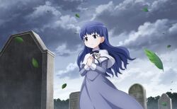  1girl artist_request blue_bow blue_bowtie blue_dress blue_hair bow bowtie capelet closed_mouth clouds cloudy_sky collared_capelet day dot_nose dress feet_out_of_frame flower frown game_asset grey_eyes grey_flower hands_on_own_chest high_collar highres holding holding_flower leaf light_blush long_dress long_hair long_sleeves looking_at_object mahou_shoujo_madoka_magica mahou_shoujo_madoka_magica_magia_exedra mahou_shoujo_tart_magica melissa_de_vignolles mole mole_under_eye official_art outdoors own_hands_together raised_inner_eyebrows sad sky sleeve_cuffs solo tareme third-party_source tombstone tree wavy_hair white_capelet wind 
