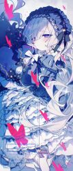  1girl blue_hairband bow bug butterfly commentary_request dress empty_eyes frilled_dress frills gothic_lolita hair_over_one_eye hairband highres kasuga_haruhi lolita_fashion lolita_hairband long_hair long_sleeves looking_at_viewer mahou_shoujo_no_majo_saiban natsume_an-an one_side_up polka_dot polka_dot_bow red_butterfly sleeves_past_fingers sleeves_past_wrists solo sparkle twitter_username very_long_hair violet_eyes white_bow white_hair 